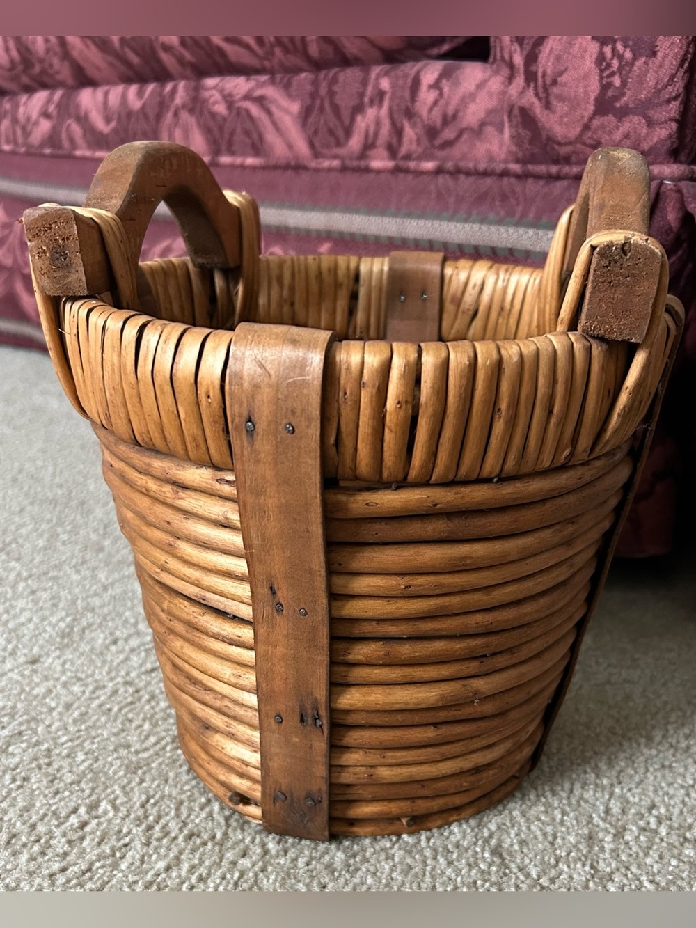 Vintage Gathering Basket, split reed, wooden handles